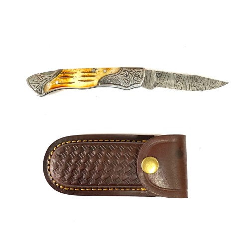 Custom Damascus Steel Drop Point 3'' Blade Knife w/Sheath