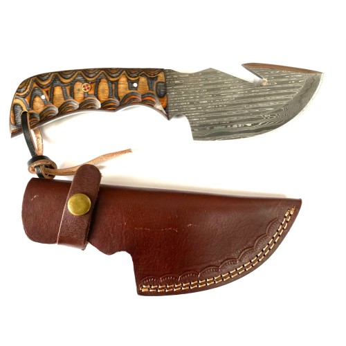 Custom Damascus Steel 4.5" Blade Gut Hook Knife w/Sheath