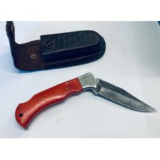 Custom Folding Knife with Dark Brown Leather Sheath